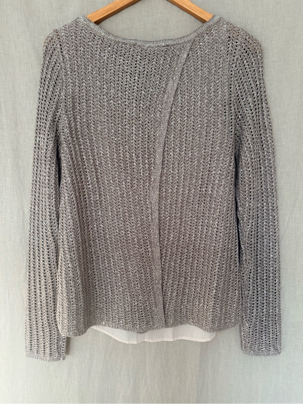 White House Black Market | Champagne Sequin Sweater | Split Back Chiffon Lining - Picture 4 of 14